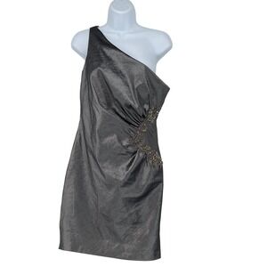 Vintage Jessica McClintock One Shoulder Gray Beaded Party Cocktail Dress Size 12